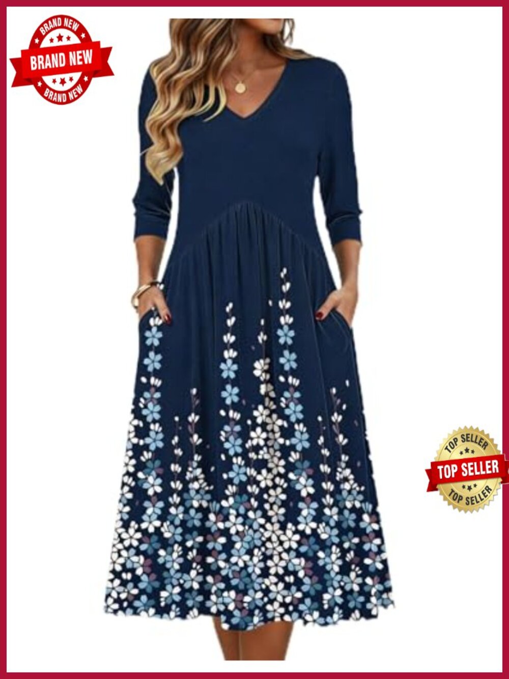 3/4 Sleeve Empire Waist Pocket Midi Casual Tshirt Dress